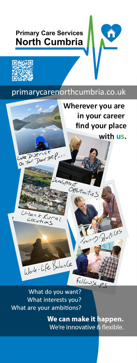 Banner imagery - Wherever you are in your career - find your place with us. Photographs illustrate 'lake district on your doorstep' 'Development Opportunities' 'Urban and rural locations' 'training practices' 'work-life balance' 'fellowships' 